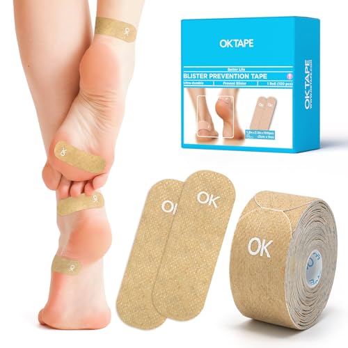 Image of OK TAPE Blister Prevention Tape, 100 Pcs, Moleskin for Blisters, No-Residue Blister Bandages for Feet & Body, Heel Patches, 1.2in X 3.5in Precut Strips - Beige