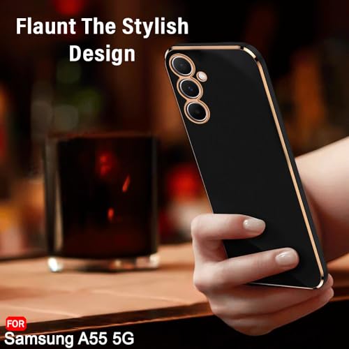 Image of TheGiftKart Luxurious Golden-Plated Back Cover Case for Samsung Galaxy A55 5G | Raised Lips for Camera & Screen Protection | Shockproof Design | Stylish Back Cover Case for Samsung A55 (TPU, Black)