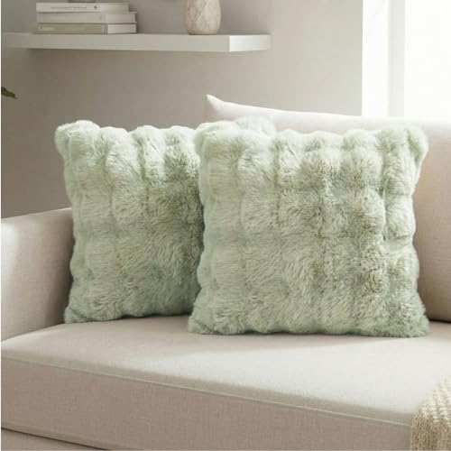 Image of Xqzbmt 2 Pack Faux Fur Cushion Covers 45x45cm, Sage Green Fluffy Thick Plush Decorative Throw Pillow Cases with Hidden Zipper for Sofa Bedroom Living Room