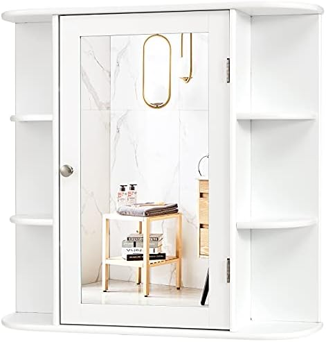 CASART Bathroom Mirror Cabinet, Wall Mounted Storage Cupboard with Single Door and Adjustable Shelves, Wooden Medicine Cabinet Display Organizer Unit for Bathroom Kitchen Living Room (White)