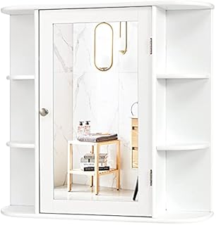 CASART Bathroom Mirror Cabinet, Wall Mounted Storage Cupboard with Single Door and Adjustable Shelves, Wooden Medicine Cabinet Display Organizer Unit for Bathroom Kitchen Living Room (White)