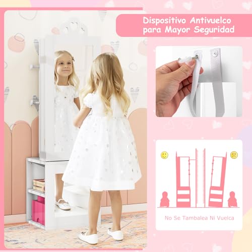 Armario para joyas infantil de pie 3 en 1 con espejo perchero blanco 3