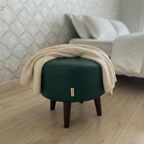 Image of Stool Ottoman Pouffes for Living Room, Kitchen, Home, Office Furniture with Soft Cotton Canva Cushion Mudda Footrest Stool for Chair Sofa Bed Dressing, Green Leather (14 Inch Pack of 1)