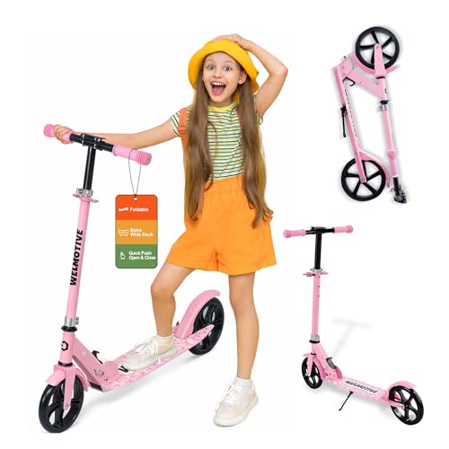 Kick Scooter for Kids Ages 6+ Teens & Adults Adjustable Handlebars Rear Brake Big Wheel Foldable Scooter for Indoor & Outdoor (Pink)