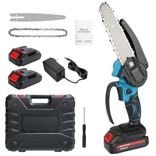 Esta mini motosserra portátil sem fio de 6 polegadas, com potência portátil de 800 W, inclui duas baterias de 5000mAh é ideal para poda de árvores, jardinagem e trabalhos agrícolas.
