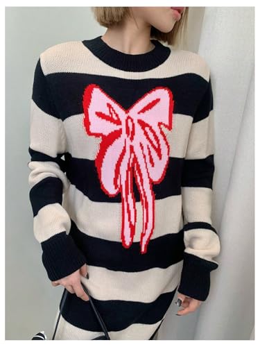 Image of MakeMeChic Women's Y2k Bow Sweaters Striped Crew Neck Long Sleeve Knit Oversized Sweater Pullover Top Black Large