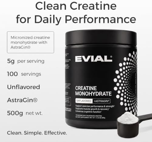 evial Creatine Monohydrate Powder with AstraGin, Micronized Unflavored Creatine for Women and Men, 5 g Scoop, Pre Post Workout Supplement, Sugar Free, Gluten Free, Soy Free, 500 g — view 6