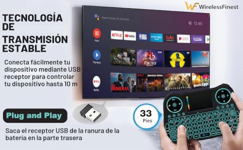 Mini teclado inalámbrico con touchpad integrado y luces RGB para Smart TV, PC y Android Box. 3