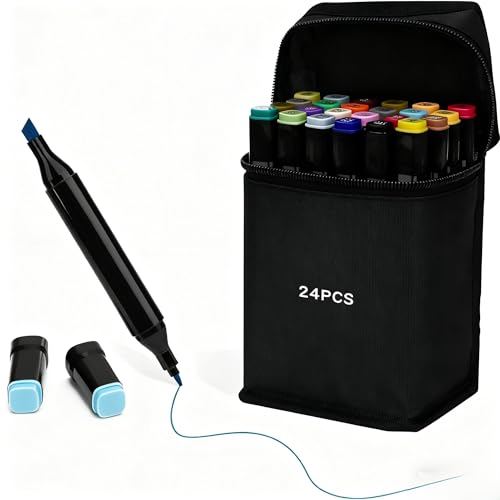 24 Color Dual Tip Alcohol Markers Set, Vibrant Brush &