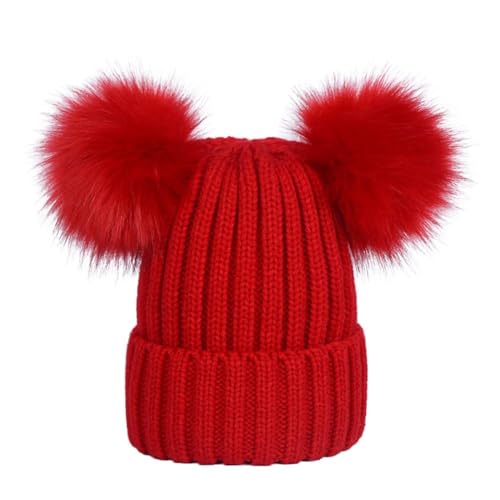 Mifeiwukawa Gorro de punto trenzado suave para mujer con forro polar acogedor y 2 pompones de piel sintética desmontables, gorro de invierno cálido de ganchillo, rosso, Talla única