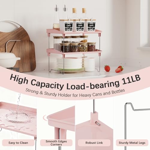 STARLATTA 2 Pcs Cabinet Organizer Shelf,Stackable Kitchen Counter Shelves, Spice Rack,Countertop Organizers,Pink Plastic Storage Shelves Rack for Makeup,Bathroom, Cupboard,Desk,Pantry Organization