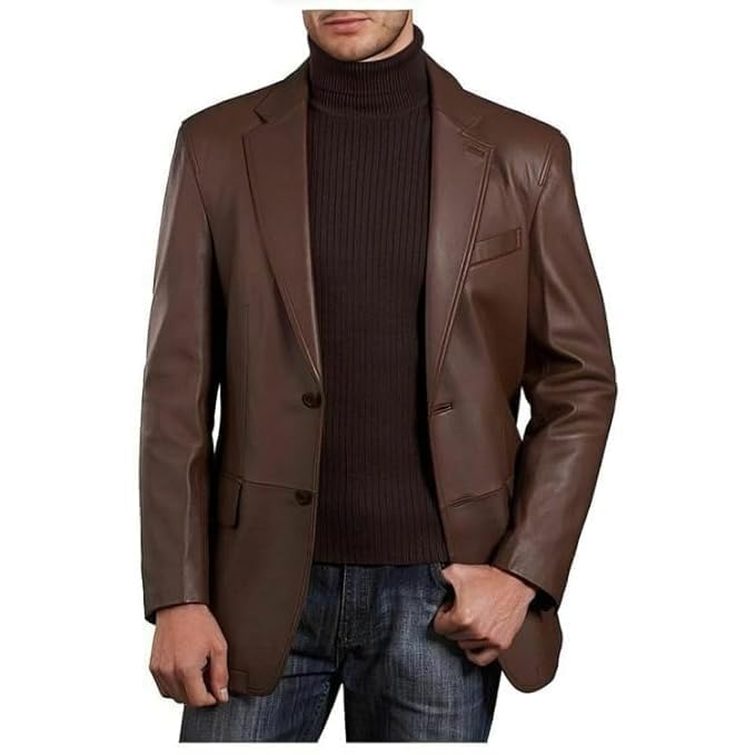 chava Men's Genuine Leather Blazer, Black, Notch Lapel, Single Button, Regular Fit, Smart Casual, Hip Length-picture-38