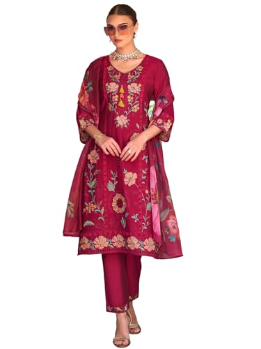 Image of INDO ERA Women's Silk Blend Floral Embroidered Thread Work Kurta & Pant with Dupatta Set (IEOUT13230)