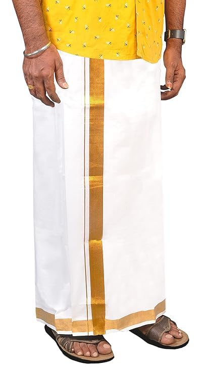 Kolakeer® Men's Easy-To-Wear Welcro 100K Zari Border Cotton Dhoti with Pocket - Double Layer Dhoti with Adjustable Waist Size2