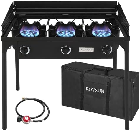 ROVSUN 3 Burner Outdoor Propane Gas Stove with Windpanel, Carrying Bag & Regulator, 225,000 BTU Stand Cooker for Backyard Cooking Camping Home Brewing Canning Turkey Frying