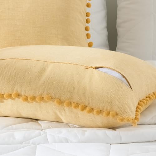 Image of 100% Cotton Pom Pom Cushion with Filler, Elegant & Modern Cushion Cover for Living Room, Rectangle, 12 inchx20 inch, uni Chambray, Set of 5 - Mimosa