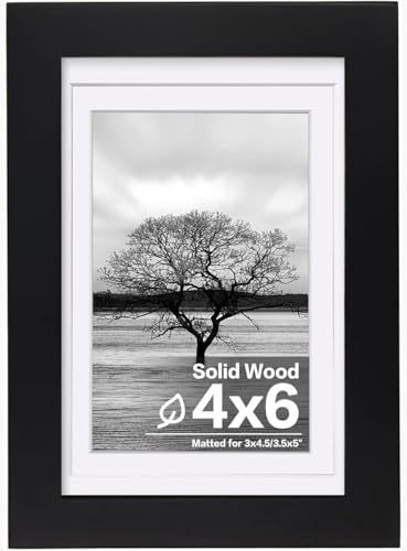 Egofine 4x6 Picture Frame Made of Solid Wood with Plexiglass, Display Pictures 3x4.5 and 3.5x5 with Mat or 4x6 Without Mat for Tabletop and Wall Mounting, Black