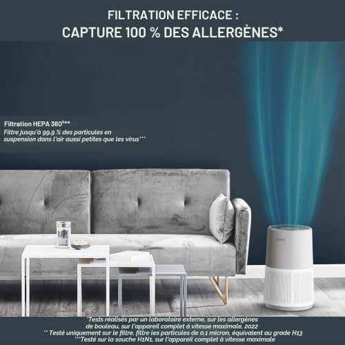 Rowenta Purificateur d'air, Filtration Hepa à 360°, Intelligent et connecté, Silencieux, Compact et léger, Contrôle vocal Alexa et Google, Pure Air City, Blanc/Gris PU2840F0