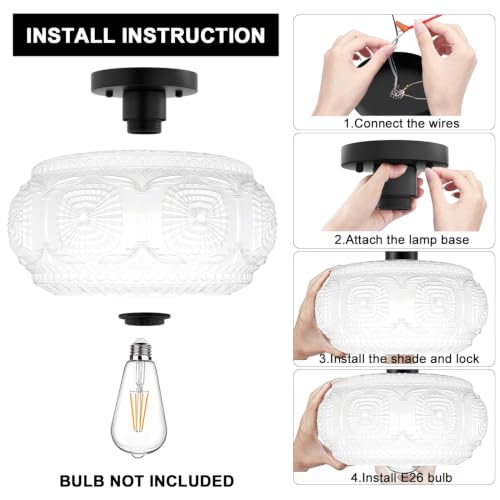 Image of 12 inch Milk Glass Semi Flush Mount Ceiling Light Fixture, Black Base