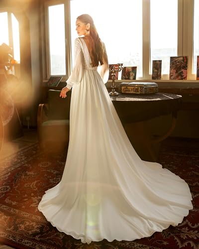Boho Puffy Long Sleeve Wedding Dress V-Neck Chiffon Beach Bridal Gowns2