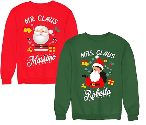 Colorfamily Coppia Felpe Natale Personalizzabili con Nome Mr & Mrs Claus - Felpa Girocollo Lui e Lei - Idea Regalo Originale 2025
