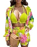 UOUA 3 Piece Swimsuits for Women Hawaiian Outfits Floral Tropical Bikini & Short Sets Summer Beach Sexy Cover Ups Luau Party Floral Green M