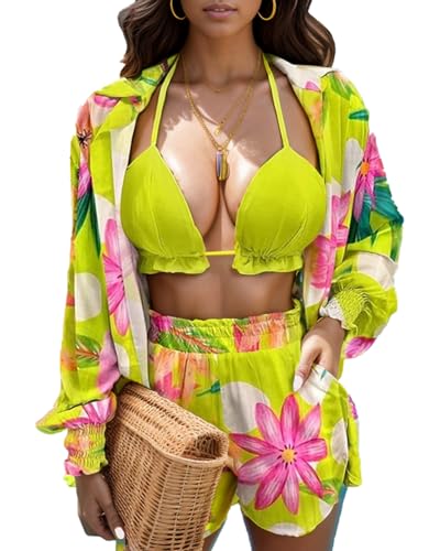 UOUA 3 Piece Swimsuits for Women Hawaiian Outfits Floral Tropical Bikini & Short Sets Summer Beach Sexy Cover Ups Luau Party