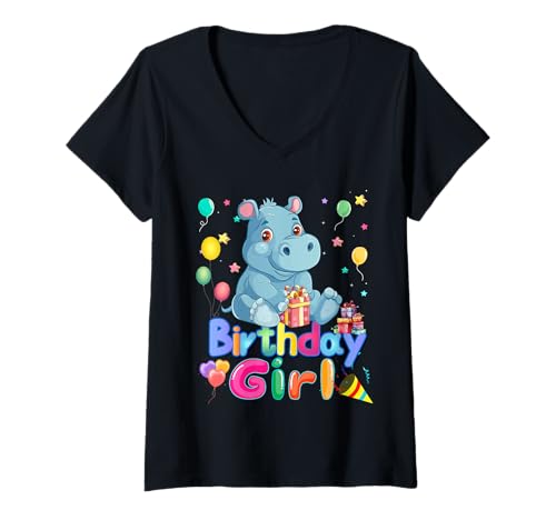 Womens Hippo Birthday Princess Girl Its My Birthday Hippo V-Neck T-Shirt