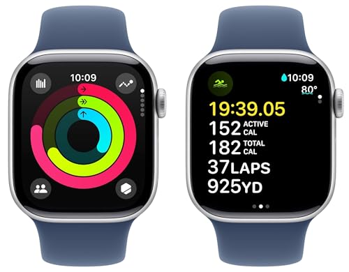 Image of Apple Watch Series 10 [GPS + Cellular, 46mm] - Silver Aluminum Case with Denim Sport Band, S /M (Renewed)