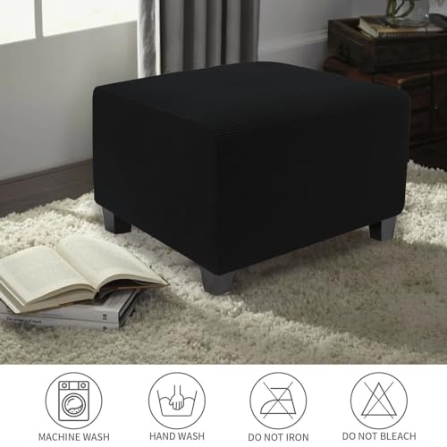 Image of NeColorLife Stretch Ottoman Cover Square Oversized Soft Knitted Jacquard Thick Covers for Large Square Ottoman Storage Stool Furniture Protector Black X-Large