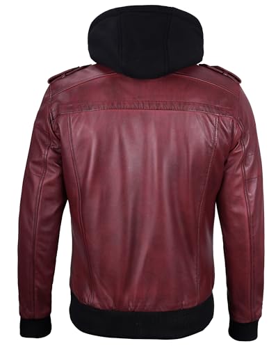 Image of Decrum Mens Leather Jacket - Detachable Hood Stylish Real Lambskin Leather Bomber Jacket Men