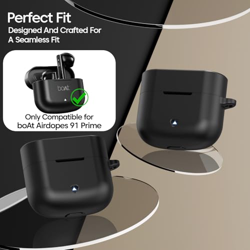 Image of Sounce Silicone Case Cover for Boat Airdopes 91 Prime, Soft Protective Shockproof Shell with Anti-Loss Keychain Clip, Dustproof and Scratch-Resistant Design, Secure Fit with Protection - Black