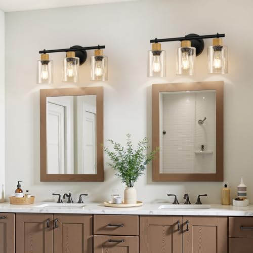 Image of MOKATNG Bathroom Light Fixtures, 3-Light Coastal Vanity Lights with Seeded Glass, Black Bathroom Wall Lamp for Mirror Kitchen Cabinet Hallway