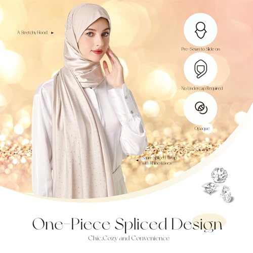 Instant Hijab Scarf for Women - Satin Silky Wrap with Stretch Hood, Colored Rhinestone Scarf2