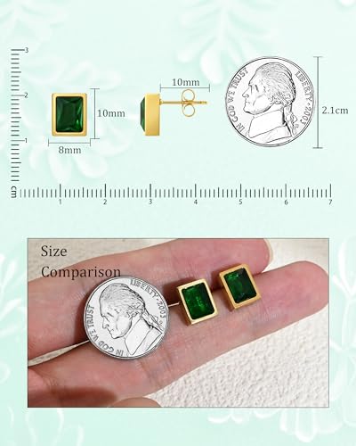 Hypoallergenic Emerald Stud Earrings for Women | 14K Gold Plated Square Green Jewelry | 8MM Vintage Women Gift for Anniversary, Sensitive Ears & Office to Party4