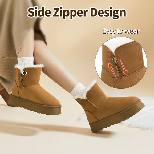 Image of THATXUAOV Womens Ankle Winter Boots, Anti-Slip Suede Mini Boot For Women,Side Zipper Platform Slip On Snow Boots With Fur Lining