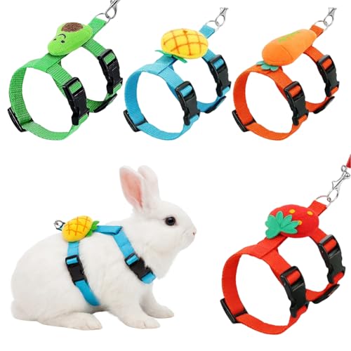 4 Stück Kaninchen Leine Hasenleine Geschirre & Halsbänder, Ananas Karotte Erdbeere Avocado Designs, Verstellbare Katzengeschirre für Erwachsene Haustiere, Robuste Hundeleine Alternative für Kaninchen
