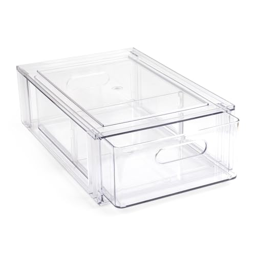Image of Smart Design Pull-Out Stackable Storage Bin with Removable Dividers - Small - 12.5" D x 8.35" W x 4.13" H - Clear