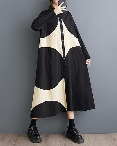 Image of ellazhu Womens Fall Casual Patchwork Funky Long Sleeve Designer Dress Loose Blouse GY2787 A