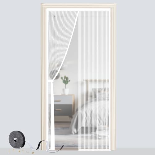 Magnetic Door Screen SMALUCK Heavy Duty Fly Door Screen Mesh with Powerful Magnets Durable Mesh Curtains Keeps Bugs Out Frame Hook & Loop Kid and Pet Friendly (90 x 210 cm White)