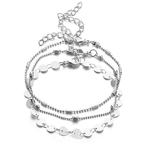 Preisvergleich Produktbild Deniferymakeup Fußkettchen Silber und Gold dreilagig Perlenkette Pailletten Kette Mehrlagig Fußkettchen Strandzubehör