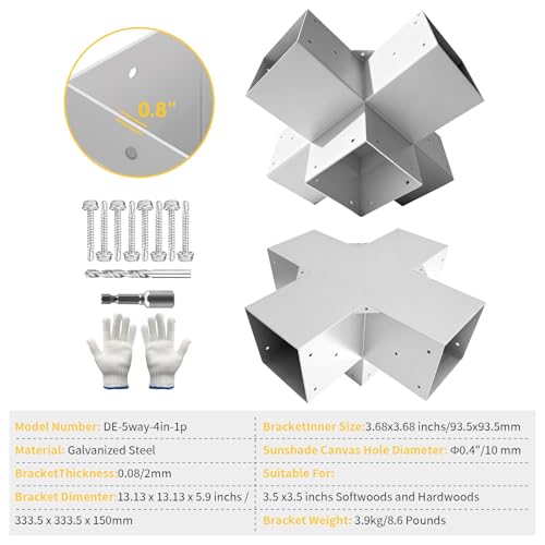 Image of 5-Way Pergola DIY Brackets Kit,Cross-Shaped Woodwork Brackets for 4 inch x 4 inch(Actual:3.5 inchx3.5 inch) Lumber,White Metal Bracket for Patio Pergolas,Gazebos,Log Cabin W /Hardware (1 Pack)