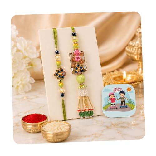 Image of CraftVatika Designer Rakhi Set for Brother Bhaiya Bhabhi | Peacock Rakhi for Bhaiya Bhabhi Raksha Bandhan Couple Set of 2 with Fridge Magnet Gift, Rakshabandhan Greeting Card, Tilak Set,Home decor