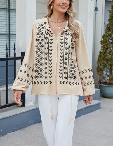Kedera Womens Boho Embroidered Tops Floral Babydoll Tops Long Sleeve V Neck Peasant Blouses Mexican Shirt2