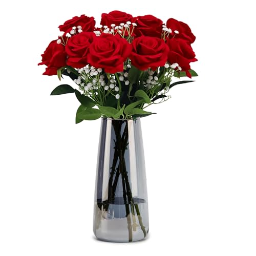 Crystal Clear Glass Vase, Flower Vase for Table Centerpiece Home Decor, Modern Vases for Living Room, Wedding, Office, Coffee Table, Birthday Housewarming Gift, 8.3inch (Gray)