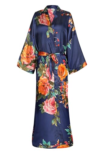 Image of Women Silk Kimono Robe Long Floral Bridesmaids Robes Satin | Wedding Party Bridal Getting Ready Robe Lightweight Dressing Gown Loungewear Sleepwear