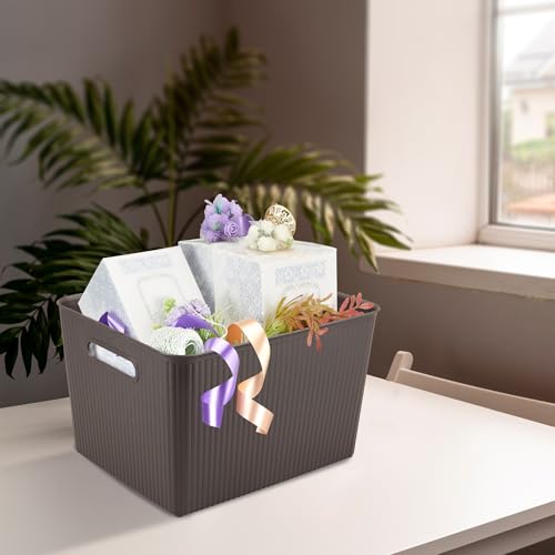 Image of Kolorr Ribbed Baskets Large Pack of 4 With 4 Standard Lid (Non-Airtight Loose-Fit Cover) Multipurpose Plastic Storage Baskets For Cloths Toys Wardrobe Home Kitchen & Livingroom I Dark Brown