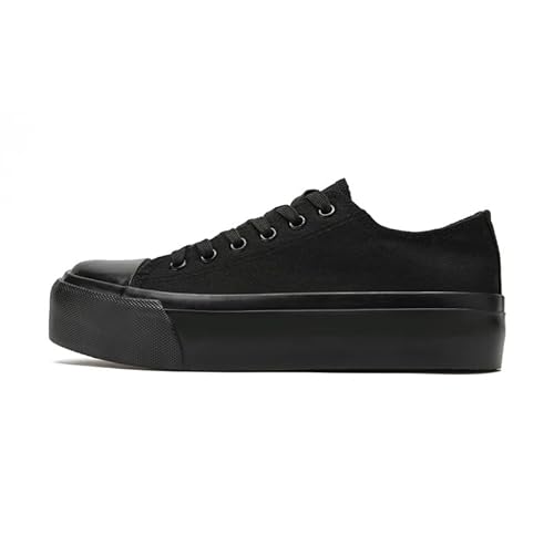 Ladies Fashion Platform Trainers Women’s Platform Low Top Lace Up Canvas Shoes Pumps Plimsolls Outdoor Tennis Walking Shoes All Black