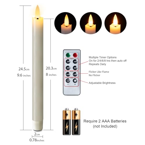 Image of Homemory Waxy Flameless Taper Candles with Remote Timer Dimmer, LED Candlesticks Flickering, Battery Operated Window Candles, 9.6 Inches for Christmas Wedding Celebration Decor, Ivory, 6 Pcs