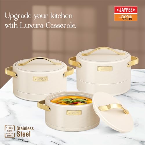Image of JAYPEE Luxura Inner Stainless Steel Serving Casserole Set of 3 Elegance Unique Design PU Insulated 100% Food Grade with Lockable Lid, Chrome Plated Handle Hot Case |1500, 2000, 2500 ml, Ivory